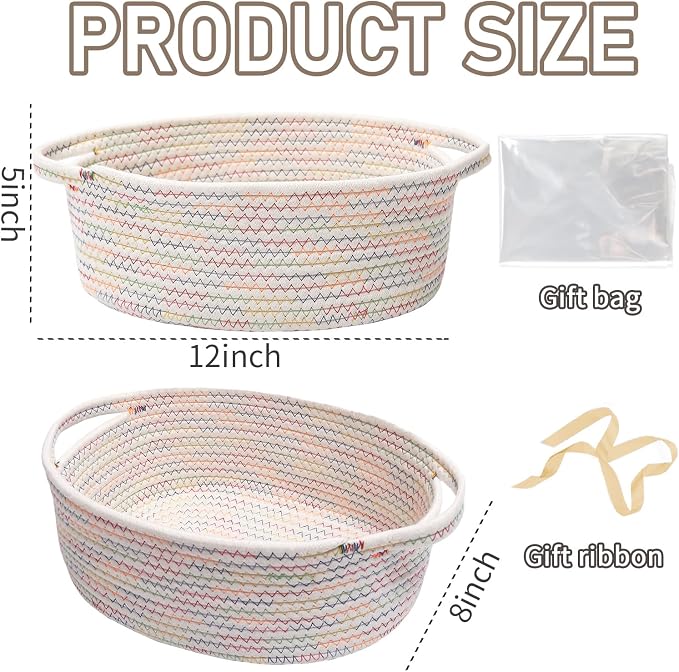 JMvicyroam Small Woven Basket, Empty Gift Basket, Colorful/1 Pack | Small Gift Basket, Cotton Rope, 12 x 8 x 48 in, Handles, Includes Ribbon and Bag, Birthday Gift Basket