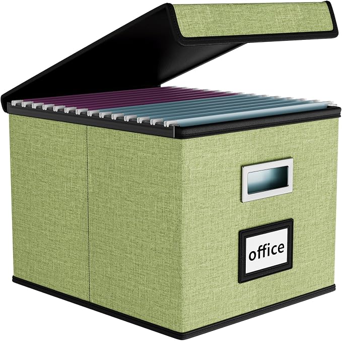 File Organizer Box with Lids, Collapsible File Folder Organizer | File Box with Plastic Slides for Office Document Storage, Filing Bin for Letter Size Hanging File Folders (1 Pack, Green)