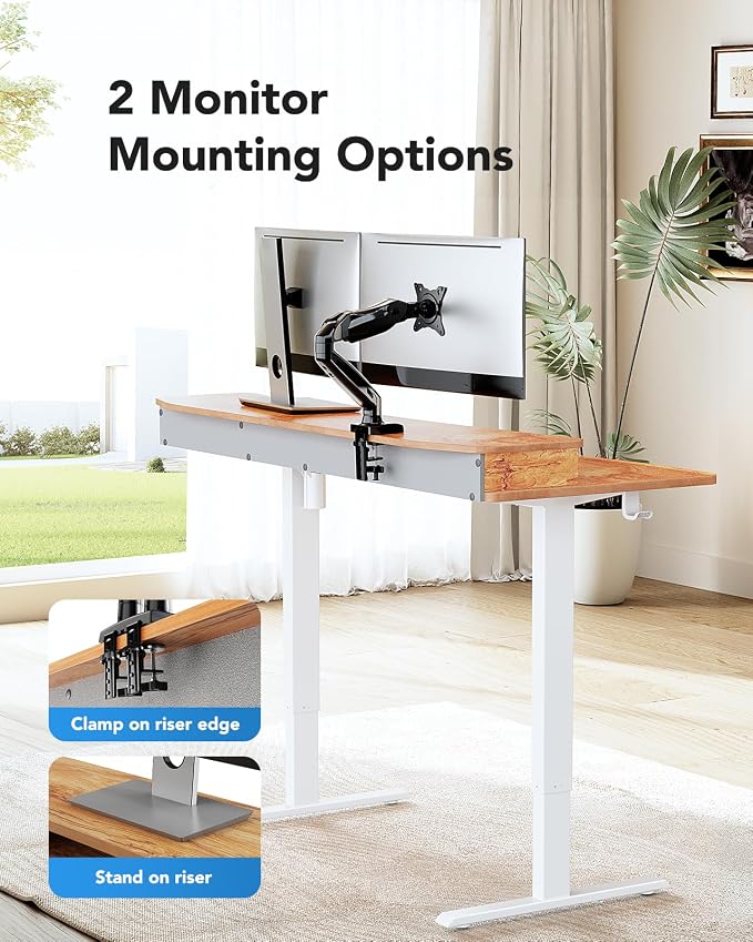 HUANUO 60″ x 30″ Electric Standing Desk with 2 Drawers, C-Clamp Mount Compatible, Height Adjustable Computer Desk, Home Office Stand Up Desk with 4 Preset Heights & 2 Hooks, Light Vintage