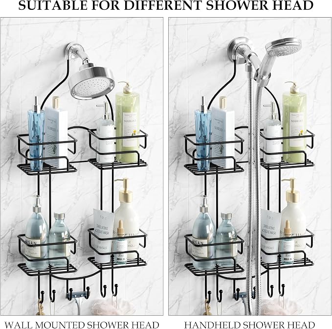 SRIWATANA Shower Caddy Hanging, Shower Organizer with Razor Hooks, Black | Rustproof Shower Rack, No Drilling Shelves Over Shower Head, Anti-Swing Scution Install, Bathroom Holder for Sponge Loofah