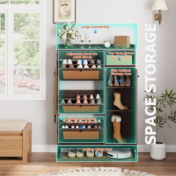 Garvee Shoe Cabinet with 3 Flip Drawers and 4-Tier Shoe Storage Cabinet, Freestanding Shoe Organizer with Adjustable Shelf and Rattan Doors for Entryway, Closet, Hallway