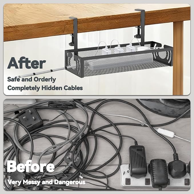 Cable Management, 15'' Under Desk Cable Management Tray No Drill | Metal Cable Organizer with Clamp for Wire Management, Cord Organizer for Home Office, Desk Accessories Organizer, Black