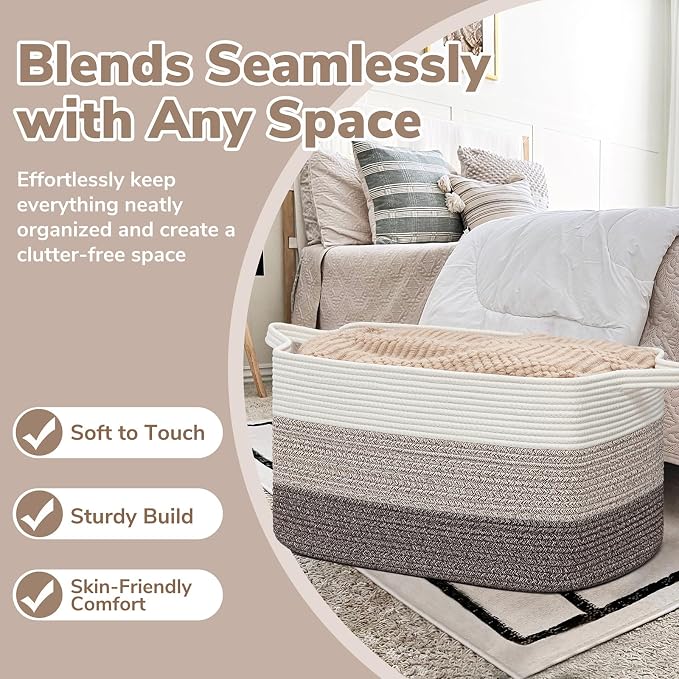 Goodpick Large Woven Blanket Basket, Rectangle Organizer, White Brown | 21.6 x 14.9 x 11.8 in, Reinforced Handles, Living Room, Bedroom & Nursery Organization, Blankets, Toys & Home Decor