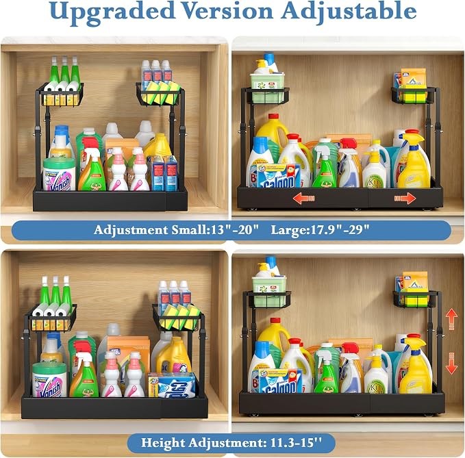 Aisslro Under Sink Organizer, 2 Tier Pull Out Cabinet Organizer, Expandable & Adjustable Slide Out Shelf 13.2''–20.3'', Under Sink Storage for Kitchen Bathroom Laundry Cabinet Storage, Black