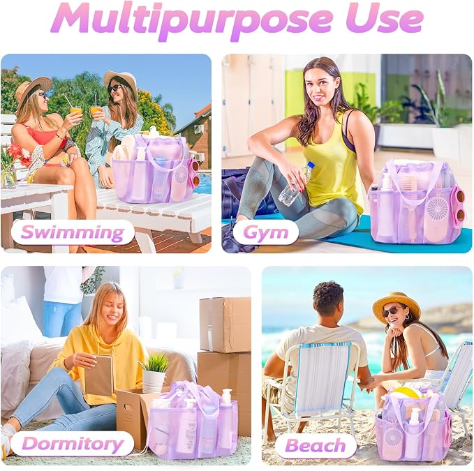 famichan Mesh Shower Caddy Portable with Drawstring, Dorm Room Essentials for College Students Girl & Boy, Larger Shower Bag for Camping,Swimming,Gym,Travel,Bathroom - Purple
