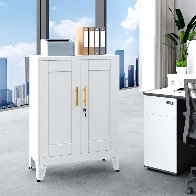 GAIOUS 36" White Floor Storage Cabinet, Locked Metal Storage Cabinets with 2 Doors and 2 Adjustable Shelves, Sideboard Buffet Cabient, Freestanding Cabinet for Home/Office/Garage/Tool Room/Bathroom