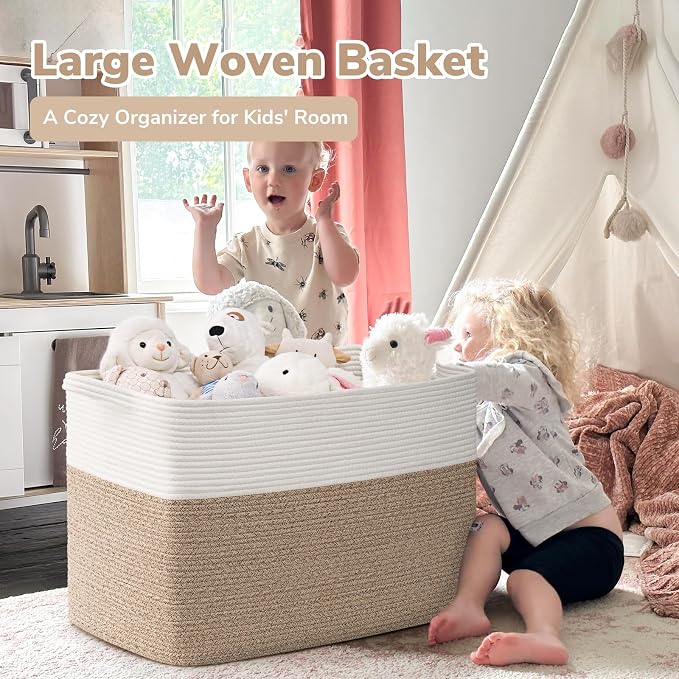 Goodpick 105L Extra Large Cotton Rope Blanket Basket, White & Light Brown | 25 x 16 x 16 in, Reinforced Handles, Living Room, Bedroom & Nursery Organization, Blankets, Toys, Clothes & Pillows Storage