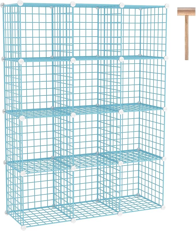 C&AHOME Wire Cube Storage, 12 - Cube Organizer Metal C Grids, Closet, Blue | Modular Shelves Units Storage Bins Shelving Bookshelf Shelf Cabinet