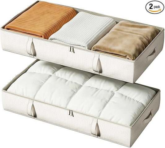 Vailando Side-Supported Under Bed Storage Containers, 6 Inches Tall 60L Underbed Storage Bins with Sturdy Handles and Sidewalls, Closet Organizer for Clothes, Blankets, Seasonal Items, Beige, 2-Pack