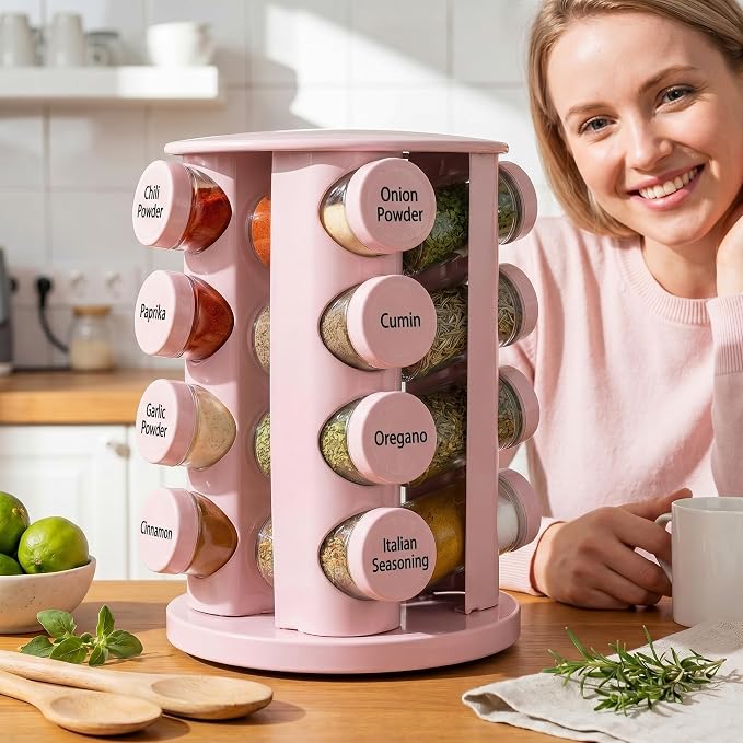 Yungyan Pink Rotating Spice Rack Seasoning Organizer with 16 Empty Jars, Spice Containers Set with Labels and Funnel, Revolving Seasoning Rack for Kitchen Accessories