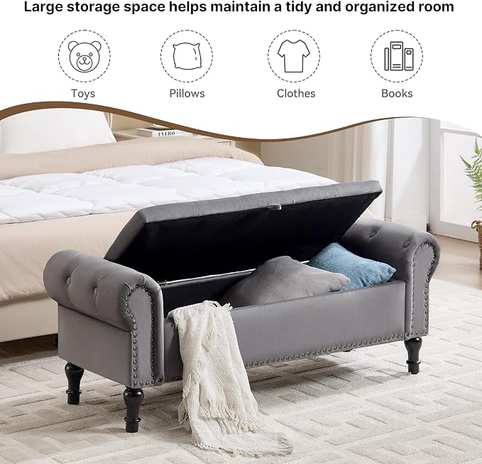 51" Storage Bench for Bedroom, Velvet End of Bed Bench, Queen Size Bench with Rolled Arms, Tufted Storage Ottoman Benches, Upholstered Bench for Bedroom, Living Room, Entryway, Grey
