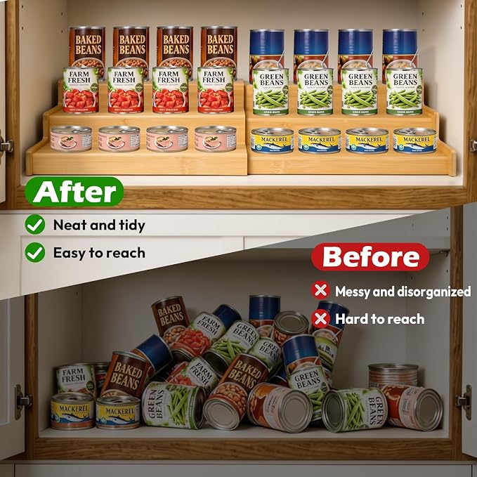 Artcochan 2 Pack 3 Tier Expandable Bamboo Can Rack Organizer for Pantry，Adjustable Pantry Organizers Holds Up to 24 Soda Cans,Canned Food Storage for Kitchen Cabinet Countertop