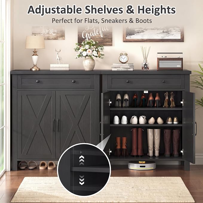 Farmhouse Shoe Storage Cabinet, 5-Tier High Boots Organizer with Adjustable Shelves, Large Drawer & Barn Doors, Entryway Shoe Rack for Hallway Living Room, Black