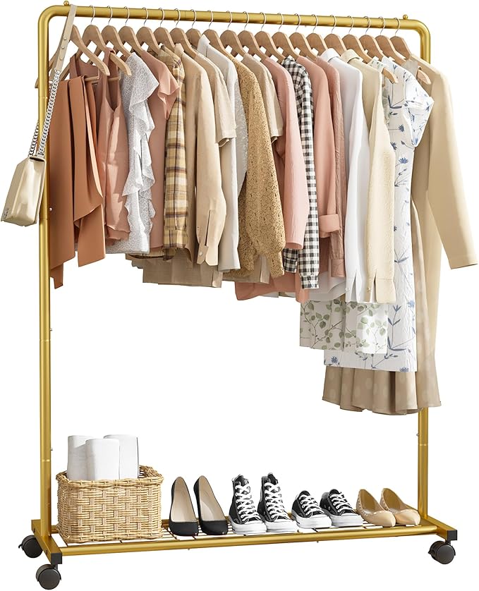 Sakugi Clothes Rack - Clothing Rack with Storage Mesh Shelf & Casters, Heavy-Duty Metal Clothing Rack for Hanging Clothes, Dresses, Coats, Large Load Capacity, Easy Assembly, Gold, 44.3"x16.9"x59.0"