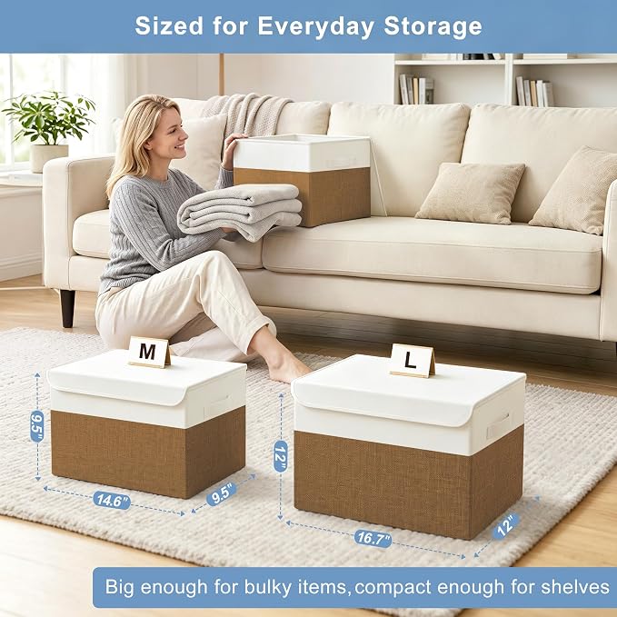 Large 17" 42 Quarts Collapsible Stackable Storage Bins with Lids [3-Pack] Foldable Fabric Linen Storage Boxes Cube, Closet Organizer Baskets with Label for Home (16.7 x 12 x 12", Brown & White)