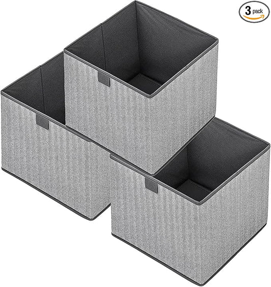 Storage Baskets, 11.8-Inch Woven Fabric Bins, Storage Cubes with Reinforced Handles, Organizer Bins for Closet Shelves, Foldable, for Toys, Clothes (3PCS/Grey-11.8*11.8*11.8inch)