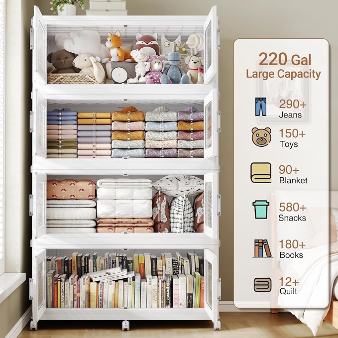 BROVIEW 880 Qt/220 Gal Stackable Storage Bins with Lids, 4 Pack, White | Large Stackable Storage Boxes w/ 4 Lid Folding Plastic Cart Organizer for Home Kitchen, Open Front Clear Door with Wheels