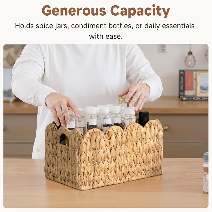 StorageWorks Scalloped Water Hyacinth Baskets, Hand-woven Rattan Baskets with Built-in Handles, Cute Baby Basket for Nursery, Basket for Organizing and Decor, 13"L x 8¼"W x 7"H
