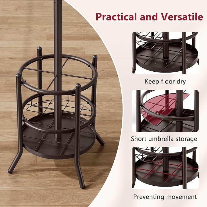 Tajsoon Coat Rack with Umbrella Stand, Coat Tree With 16 Hooks, Brown | 2-In-1 Design, Coat Rack Freestanding, Durable & Stable, Space-Saving, For Living Room, Bedroom, Office