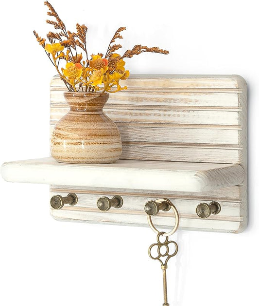 Rebee Vision Key Holder Wall Mount for Home Decor, Distressed White | Pine Wood Key Holder for Wall, 4 Key Hooks, Mini Display Ledge, Mail Organizer, Rustic Home Accent, Compact Apartment Storage