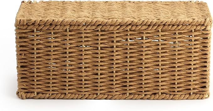 Handwoven Natural Raffia Cable Management Box with Lid – Decorative Cord Organizer for Power Strips, Surge Protectors & Charging Cables – Woven Storage Basket for Home & Office (Natural Raffia)