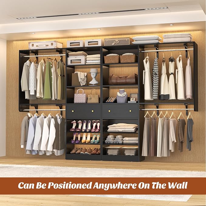 [10 FT Closet System] 120 Inch Reversible Set of 2 Wood Closet Organizer System with 2 Drawers, 4 Hanging Rods Adjustable Shelf, Walk In Closet Organizers with Shoe Rack, Garment Rack, Black