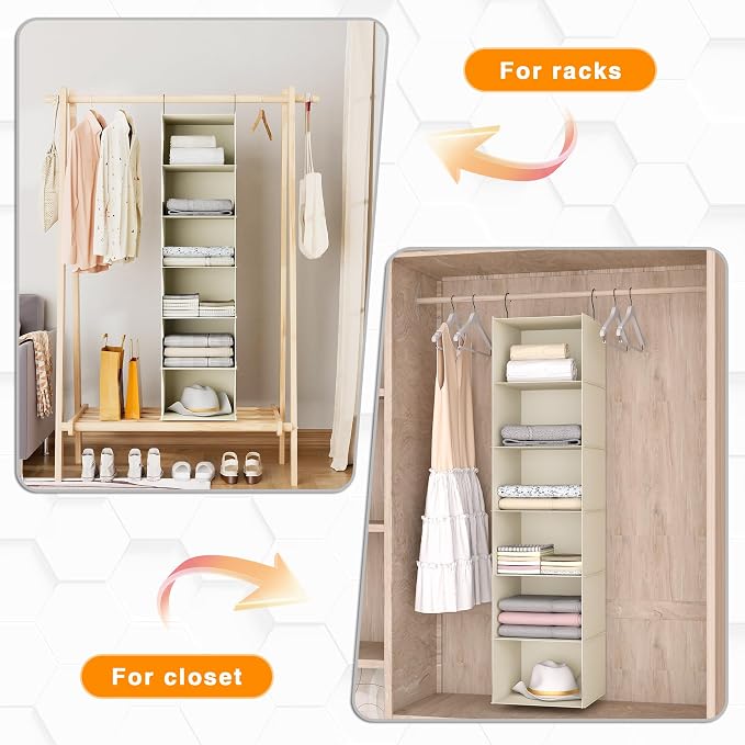 Hanging Closet Organizer 6-Shelf, Oxford Fabric Wardrobe Storage, Beige | Easy-mount foldable design holds clothes, handbags, shoes & accessories; washable Oxford fabric, sturdy and space-saving.
