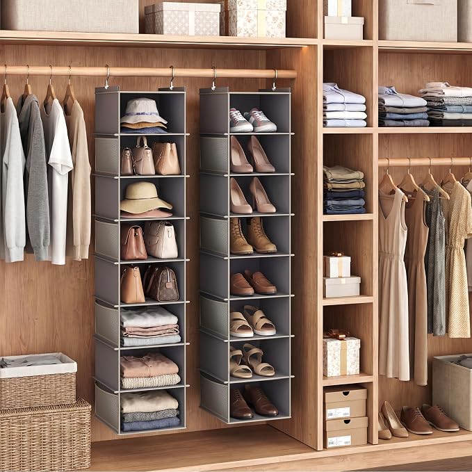 YOUDENOVA Upgraded Extra Wide Hanging Shoe Organizer for Closet, 8-Shelf Storage Organizer with 8 Side Pockets, Hanging Shoe Rack for Hats Clothes Jeans, 2 Packs, Grey