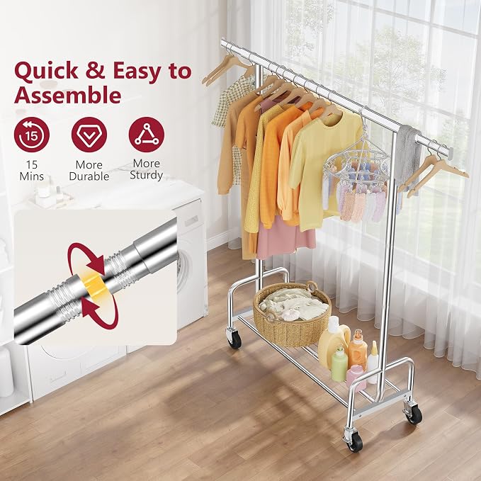 Clothes Rack with Shelf, Rolling Heavy Duty Load 300 LBS, Chrome | Clothing Rack with Extendable Rod and Height Adjustable, Portable Garment Rack for Bedroom, Rental Apartments, Market Stalls