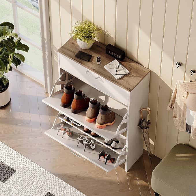 VINGLI Set of 2 Shoe Cabinets Storage for Entryway,2-Pack,Rustic White | 16–24 Pairs,Skirting Board Cutout,Drop-Down Drawer,9.4"D Slim,Farmhouse,2 Flip Drawers,Adjustable & Removable Shelf