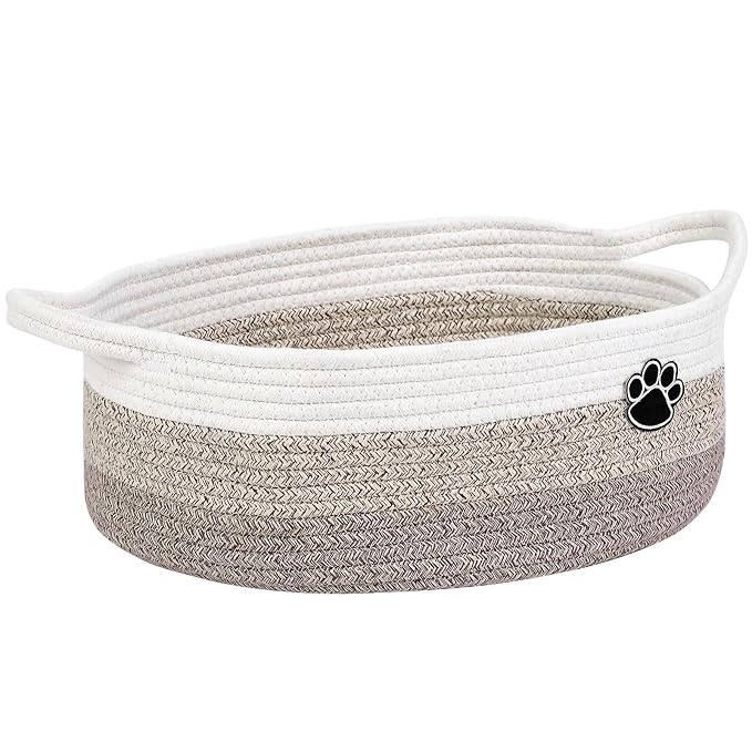 Optish Dog Toy Basket, Toy Box and Bin for Dog Cat Storage, 13.5" X 11" X 5" Small Woven Rope Basket for Baby Storage, Closet, Living Room, White & Brown