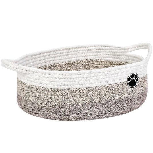 Optish Dog Toy Basket, Toy Box and Bin for Dog Cat Storage, 13.5" X 11" X 5" Small Woven Rope Basket for Baby Storage, Closet, Living Room, White & Brown