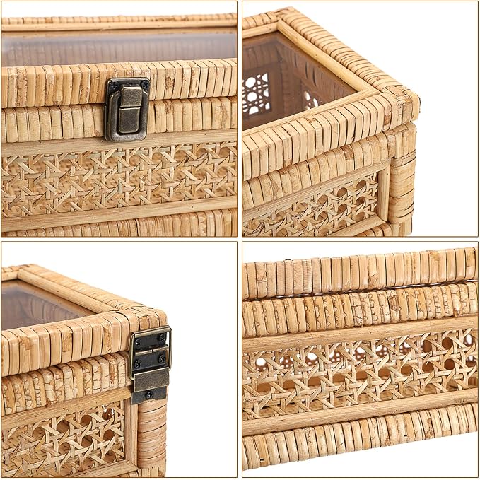 Hipiwe Rattan Decorative Box with Clear Lid and Lock - Woven Wicker Basket | Natural Rectangular Basket Organizer Bin, Vintage Wood and Cane Display Boxes for Shelves Home Storage and Decor
