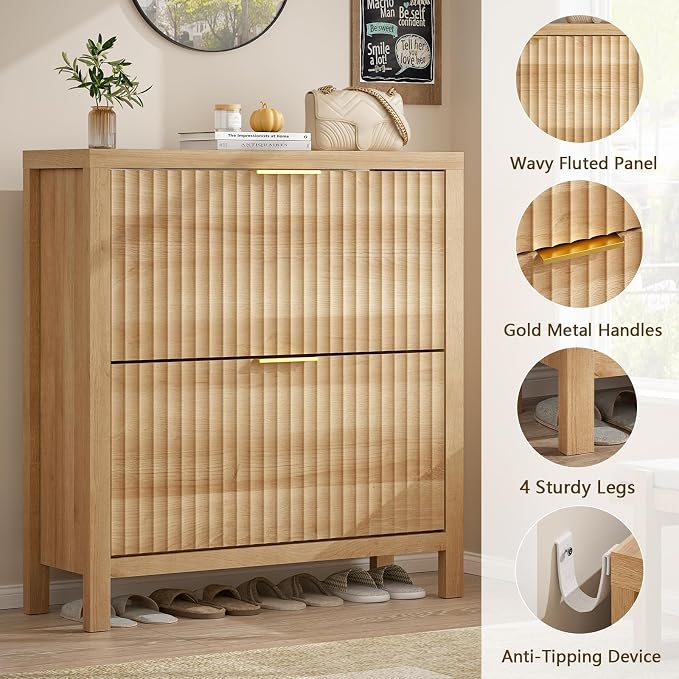 Fluted Shoe Cabinet Storage with 2 Flip Drawers for Entryway, Hallway | Narrow Shoe Rack Freestanding Shoe Organizer with Legs for Entryway，Hallway, Oak