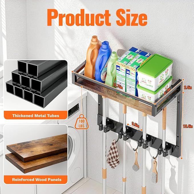 Broom Holder Wall Mount with Shelf, 15.7" Wx6.7 Dx15.7 H, 2 Packs | Load 66LBS, 4 Mop Hanger Grippers, 3 Hooks, for Laundry Room, Garage, Utility Closet, Kitchen
