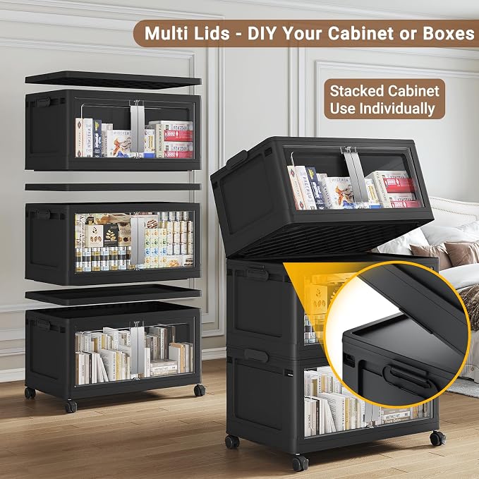 BROVIEW 800QT Stackable Storage Bins with Lids, 200Gal Extra Large Collapsible Storage Box with Wheel, Plastic Storages with Clear Door Open Front for Home Kitchen Garage, Black-5pack(5 lids)