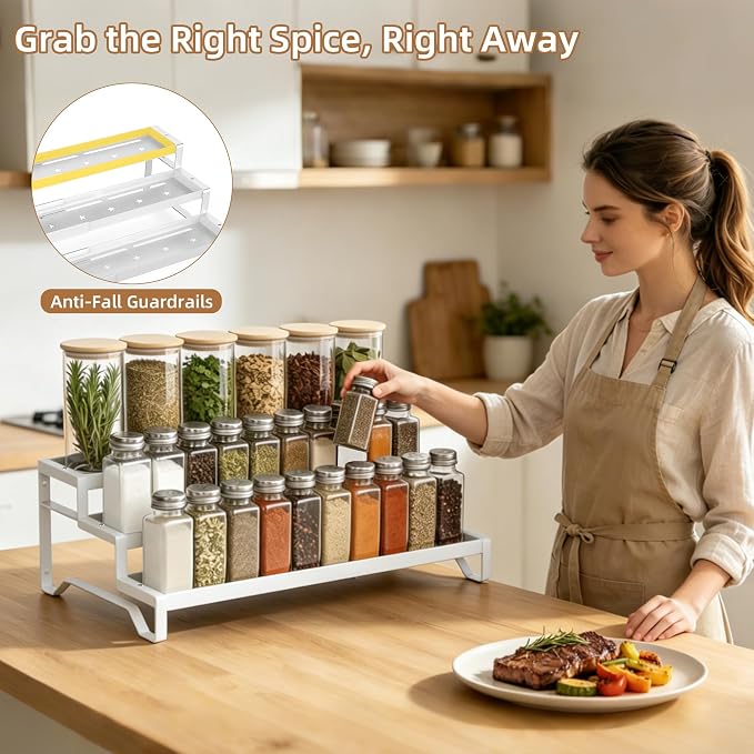 Expandable Spice Rack Organizer for Cabinet 3 Tier Spicy Shelf White 1Pack | Adjustable Length 13"-21", Easy to See Labels, Sturdy Metal, Slip-Resistant Guardrails for Jars, Cabinet & Countertop Storage