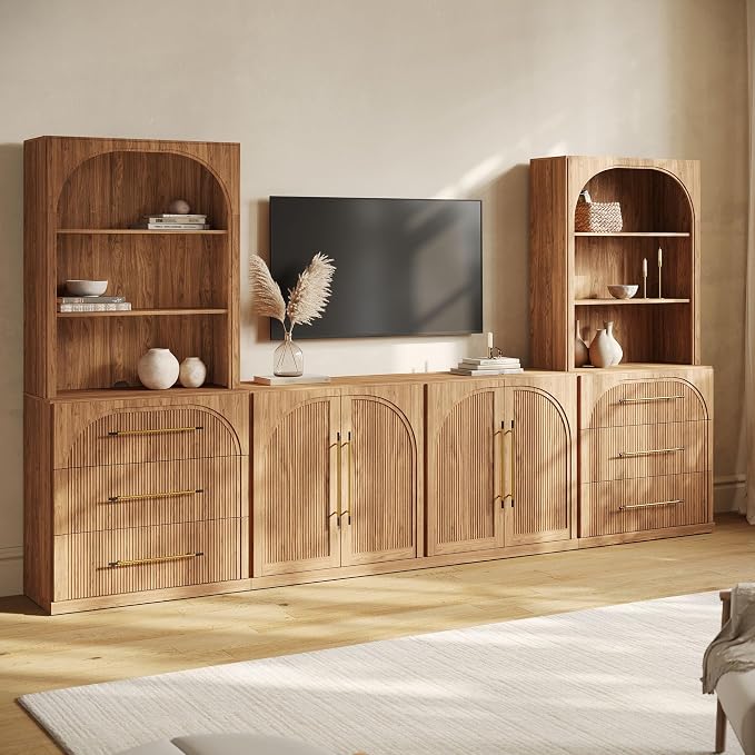 BELLEZE 6-Piece Modular TV Stand Set - 2 Sideboards with Drawers, 2 Double-Arc Wood Door Sideboards, and 2 Hutch Cabinets, Classic Modern Media Console with Adjustable Shelves for Living Room (Camel)