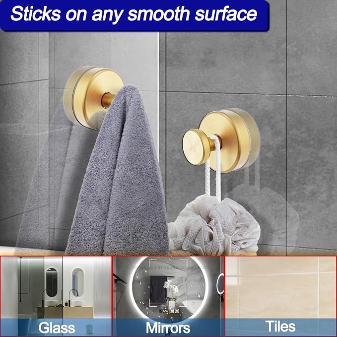 Bntuk Suction Cup Hooks for Shower, Towel Hooks for Bathroom Window Glass, Bath Robe Looafh Hook for Hanging - 2 Pack, Gold