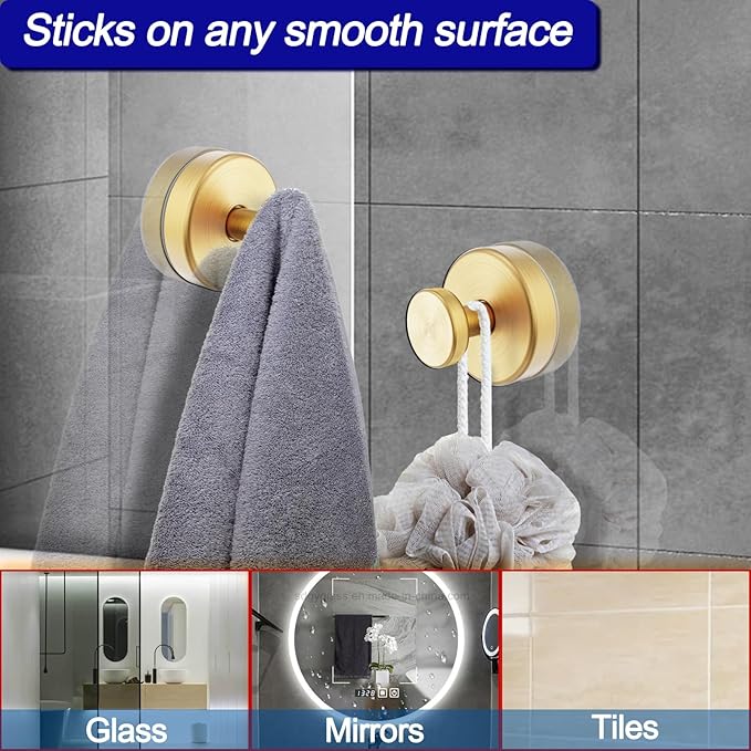 Bntuk Suction Cup Hooks for Shower, Removable Towel Hooks for Bathroom Window Glass Door Wall, Bath Robe Looafh Hook for Hanging - 4 Pack, Gold