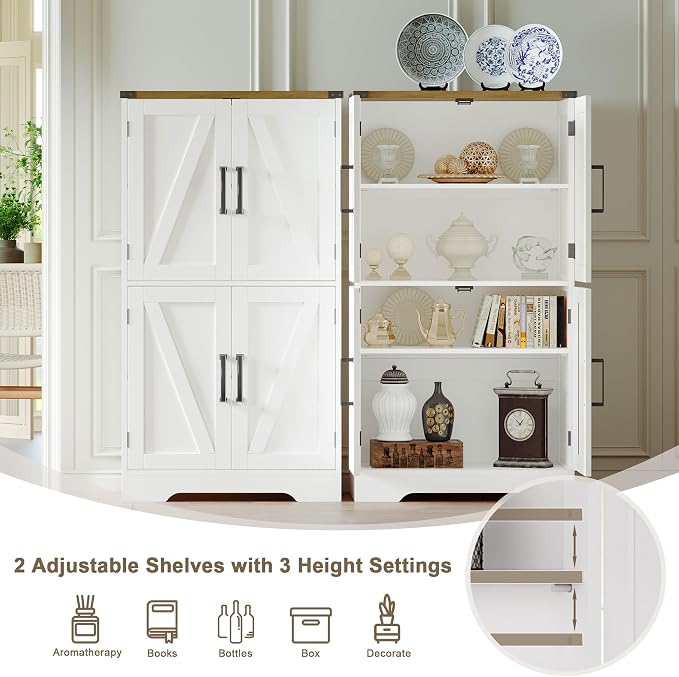 Treocho Farmhouse Bathroom Floor Cabinet with Adjustable Shelves | 11.81"D x 23.62"W x 43.46"H, Freestanding Kitchen Pantry Cabinet, Cupboard for Living Room, Dining Room, White