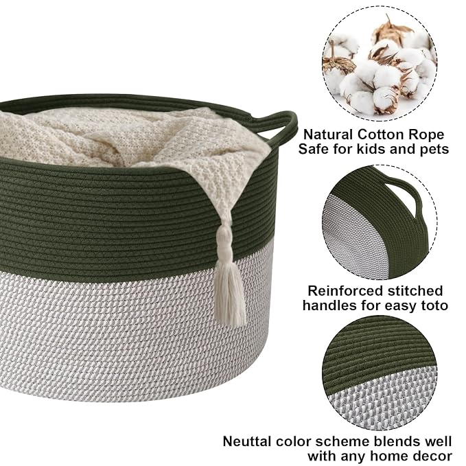 65L Large Blanket Basket,Woven Rope Laundry Basket-Green&White | Collapsible, reinforced handles, nursery storage bin organizes clothes, toys and pillows for living room, bedroom bathroom