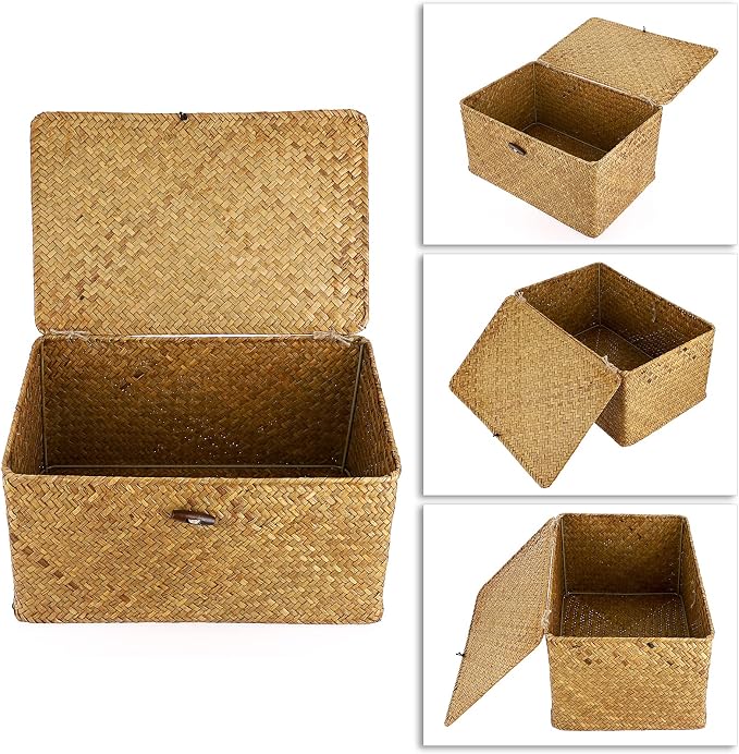 Hipiwe Wicker Shelf Baskets Bin with Lid Woven Seagrass Storage Box, Large | Decorative Basket Organizer Rectangular Household Basket Boxes for Shelf Wardrobe Home Decor, Caramel