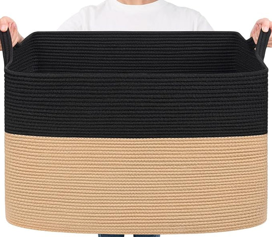 Goodpick 105L Extra Large Woven Blanket Basket Cotton Rope Storage Baskets for Organizing, Kids Toy Storage Organizer for Living Room Nursery, 25"x16"x16", Black & Jute