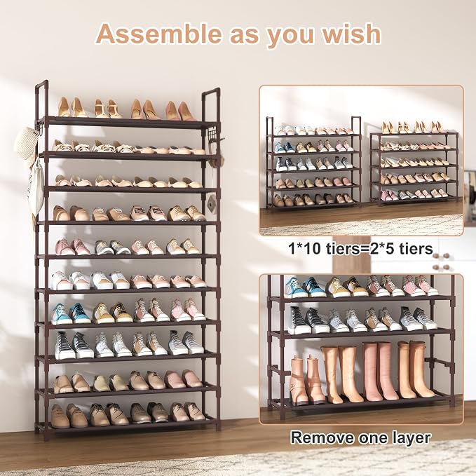 VTRIN 10 Tiers Shoe Rack Tall Large Capacity Wide Shoe Organizer Sturdy Shoe Shelf for Entryway with Two Hooks Metal Shoe Storage for Closet, Bedroom, Brown