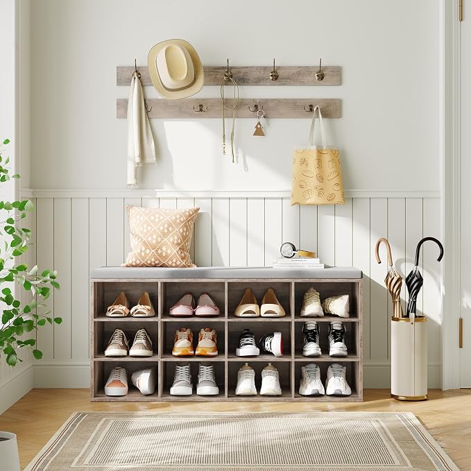 HOOBRO Shoe Storage Bench with Cushion, 39.4" L Entryway Bench with 12 Cubbies, Entryway Hall Tree with Storage, Shoe Cabinet with Coat Rack for Bedroom, Hallway, Holds up to 330 lb, Gray GY112HX01