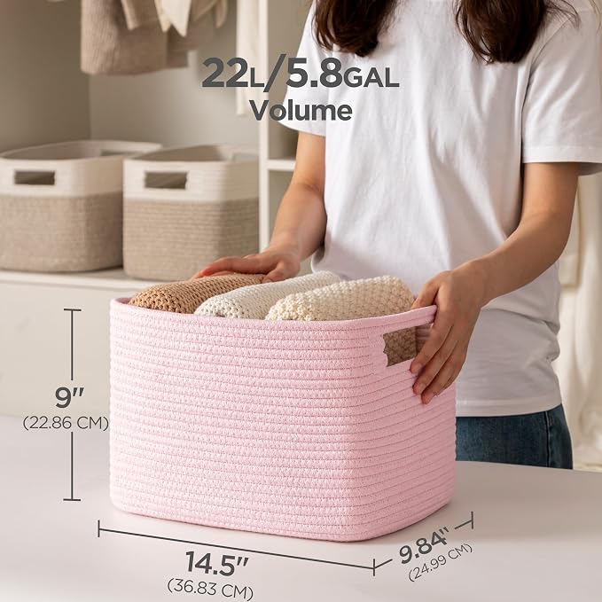 4 Pack Storage Baskets for Organizing, Shelf Baskets with Handles, Pink | 14.5"Lx9.8"Wx9"H, Woven Basket, Cotton Rope Basket, Toy Storage, Cube Shelf, Gift Baskets Empty, Home Decor