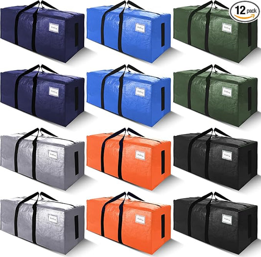 SWEET DOLPHIN 12 Pack 200LB Heavy-Duty Moving Bags with Wrap-Around Handles, Extra Large Storage Totes for Space Saving, Clothes Storage Bags, College Dorm Essentials, Multicolor, 24 Gal