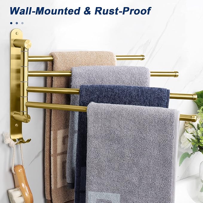 NearMoon Swivel Towel Rack, 13.8" Thicken 304 Stainless Steel 4-Arm Towel Bar, Space Saving Wall Mounted Towel Holder with Hook, Rustproof Swing Out Towel Hanger for Bathroom, Kitchen (Brushed Gold)