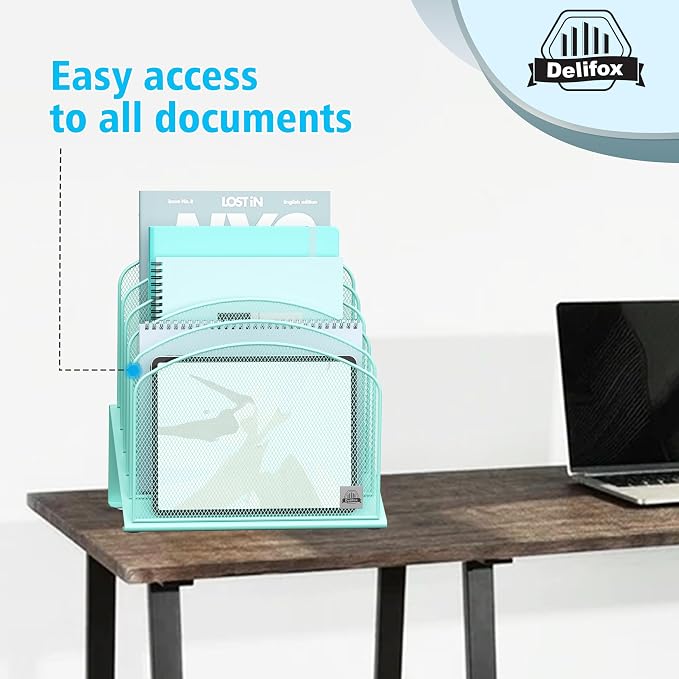 Delifox Inclined Desk File Organizer,Vertical File Folder Holder Stand Metal Rack File Sorter for Office Classroom Desktop Organization (2, Aqua, 5)